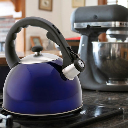 Creative Home Satin Splendor 2.8 Quart Stainless Steel Whistling Tea Kettle with Aluminum Capsulated Bottom, Metallic Blue Color