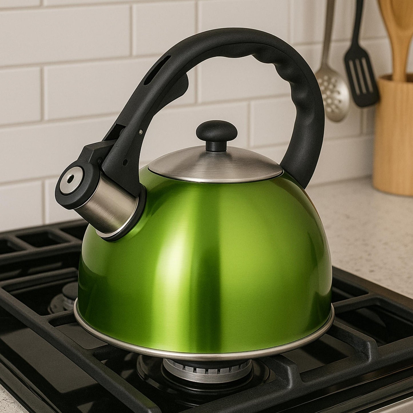 Creative Home Satin Splendor 2.8 Quart Stainless Steel Whistling Tea Kettle with Aluminum Capsulated Bottom, Metallic Chartreuse