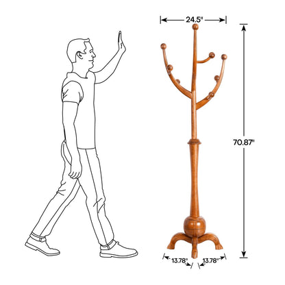 Tree-branch Rubberwood Freestanding Coat Rack with 8 Hooks - 24.5W x 70.87H