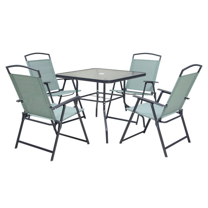 Outdoor 5-piece Patio Dining Set Folding Chairs and Glass Table with Umbrella Hole - See the specifications