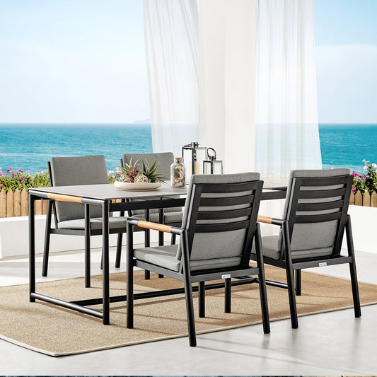 Crown 5 Piece Aluminum and Teak Outdoor Dining Set with Grey Fabric