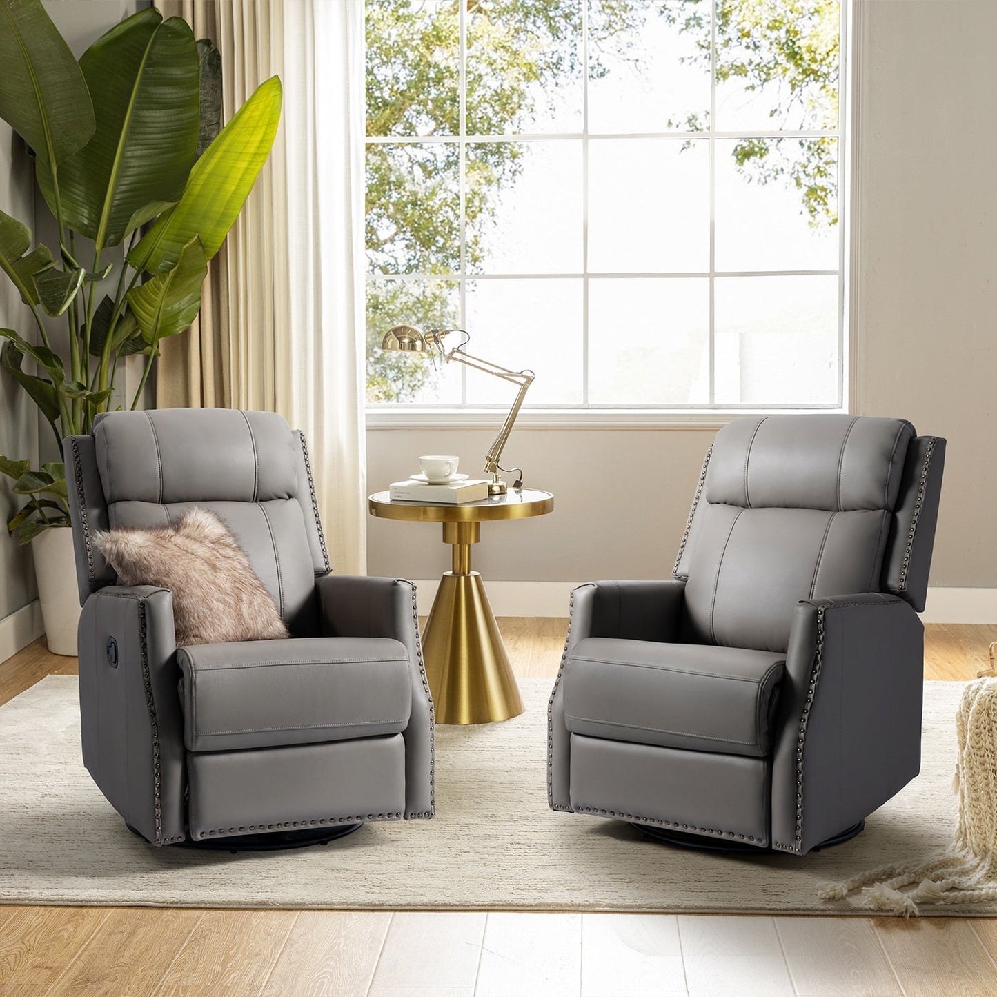 Demeter modern Genuine Leather Swivel Nursery Chair with Nailhead Trims Set of 2 by HULALA HOME