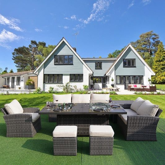 7-Piece Patio Sofa Set with Firepit and Ice Container Dining Table