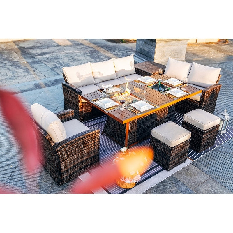 7-Piece Patio Sofa Set with Firepit and Ice Container Dining Table