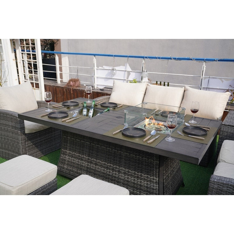 7-Piece Patio Sofa Set with Firepit and Ice Container Dining Table