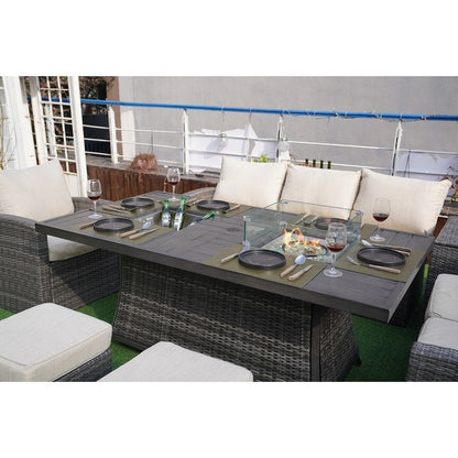 7-Piece Patio Sofa Set with Firepit and Ice Container Dining Table