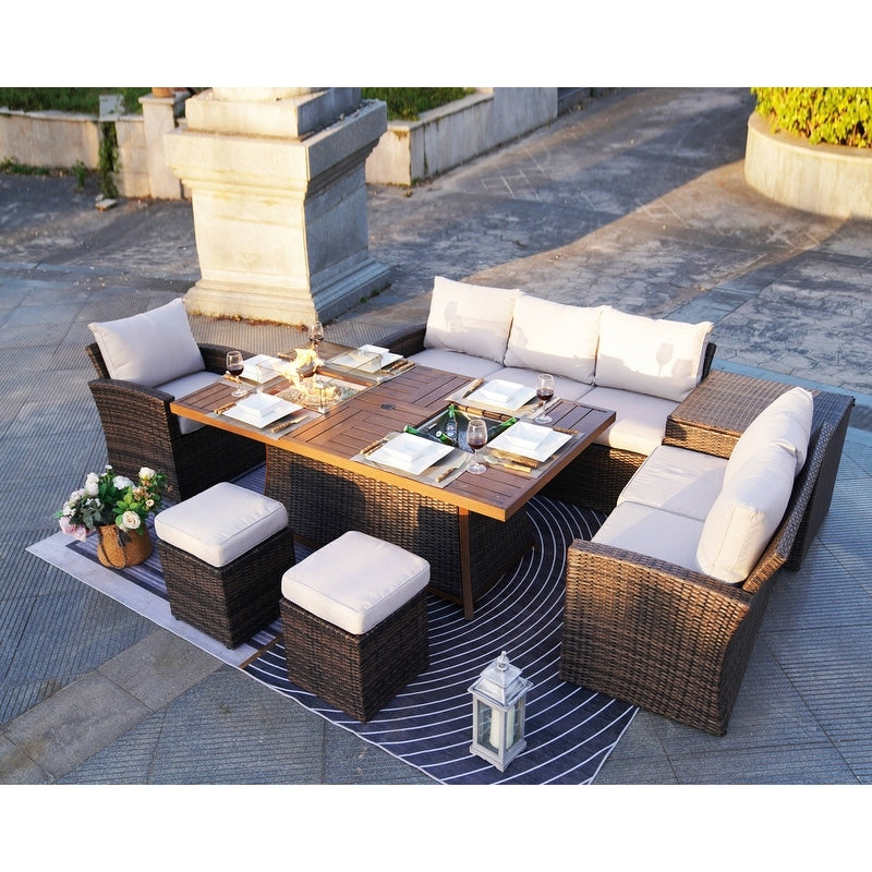 7-Piece Patio Sofa Set with Firepit and Ice Container Dining Table