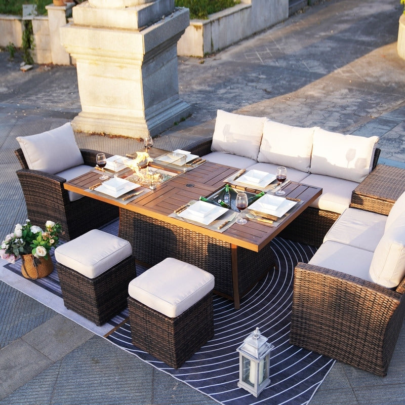 7-Piece Patio Sofa Set with Firepit and Ice Container Dining Table