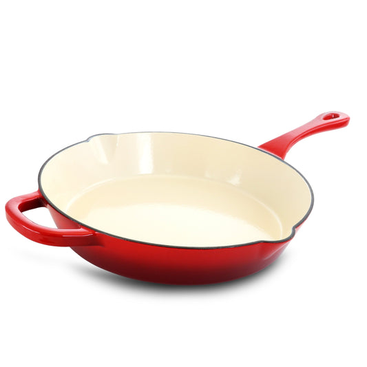 Dual Handle Firey Red 12 Inch Enameled Cast Iron Skillet