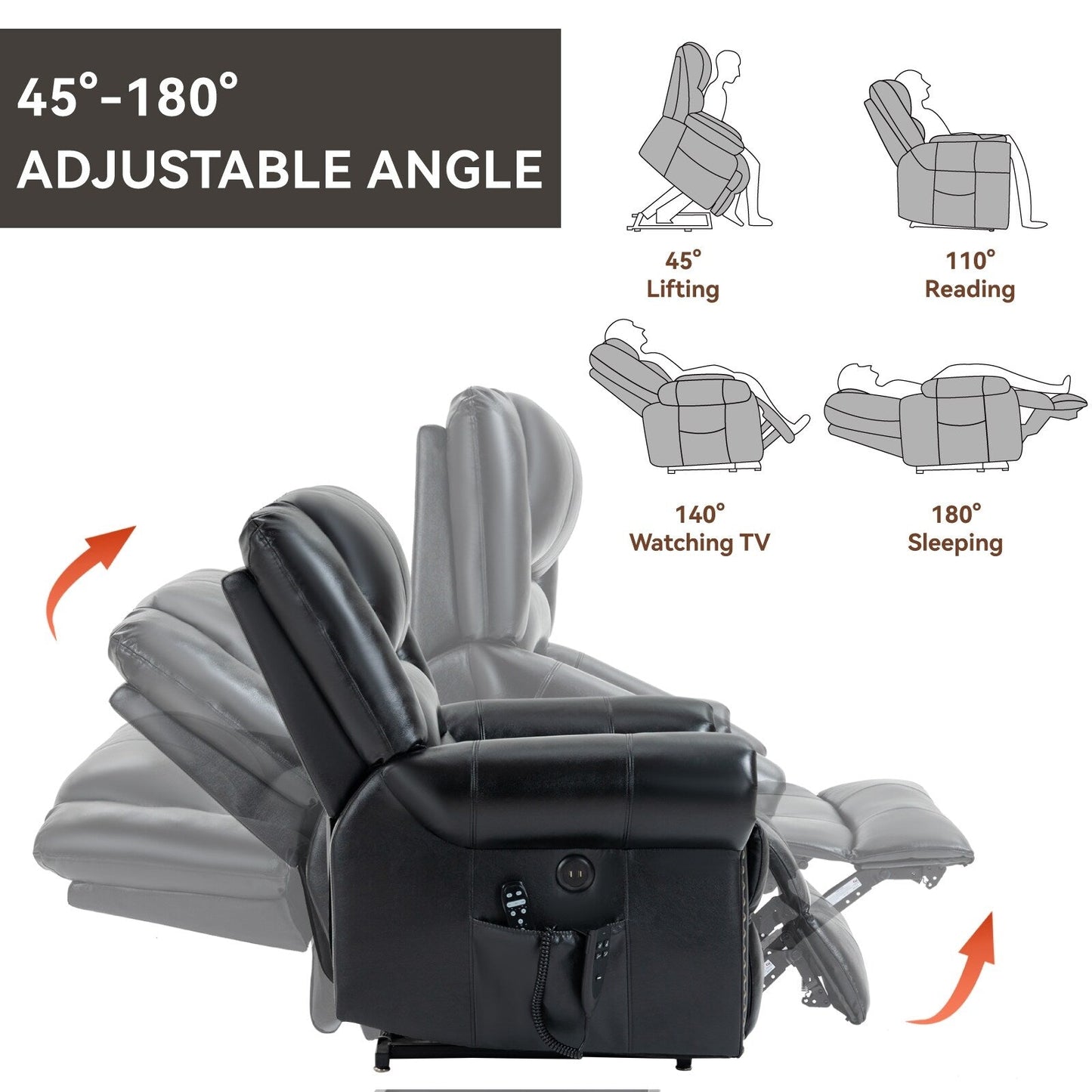 Dual Motor Power Lift Genuine Leather Recliner Chair with Heat Massage and USB Ports