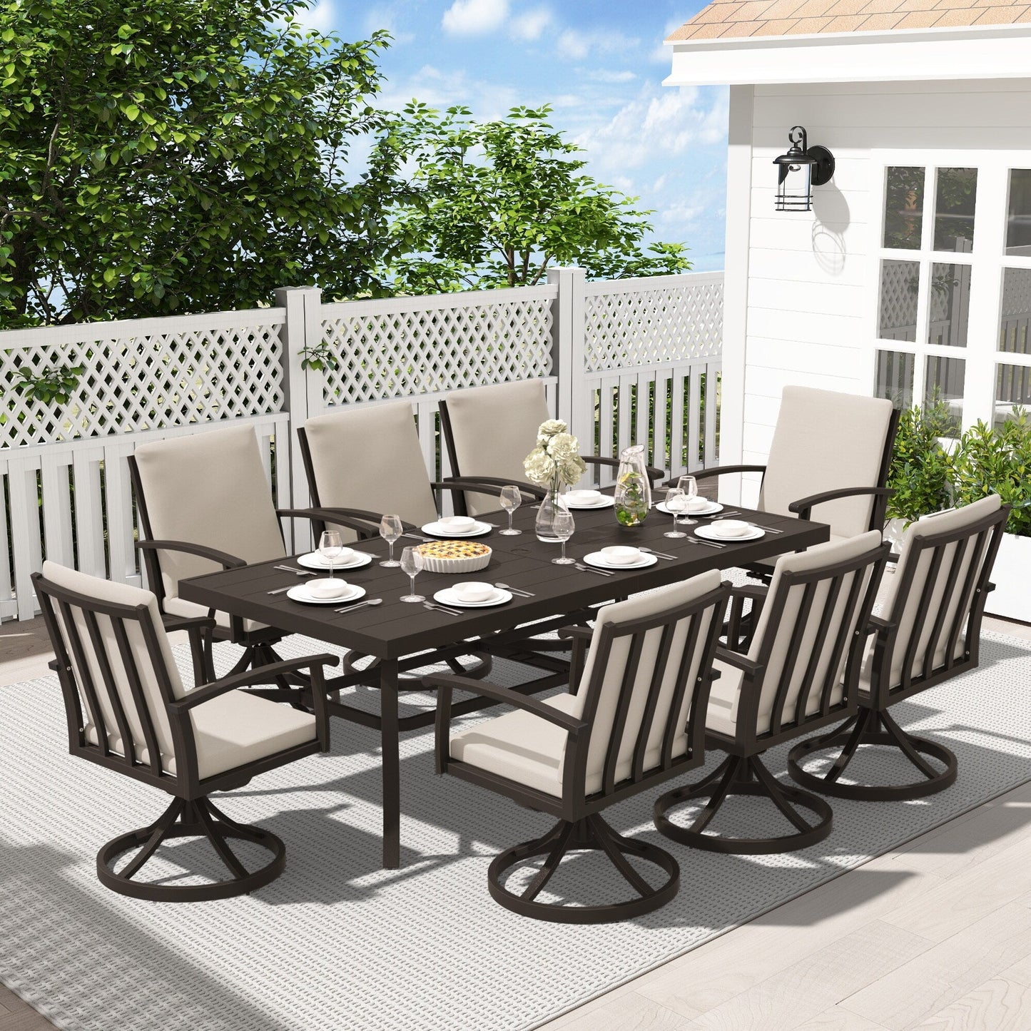 EGEIROS LIFE AluLux 9-Piece Aluminum Patio Dining Set with 8 Swivel Dining Chairs and Washable Cushions