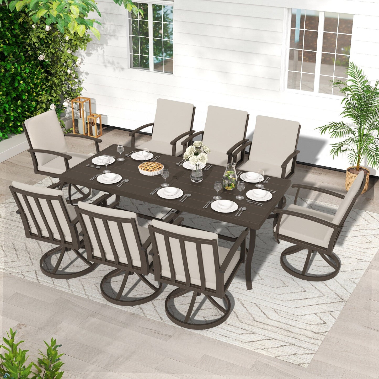 EGEIROS LIFE AluLux 9-Piece Aluminum Patio Dining Set with 8 Swivel Dining Chairs and Washable Cushions