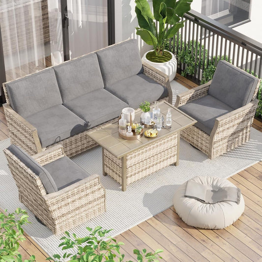 EROMMY 4-Piece Patio Furniture Set with Swivel Rocking Chairs, Outdoor Wicker Conversation Set with 3-Seat Sofa and Coffee Table
