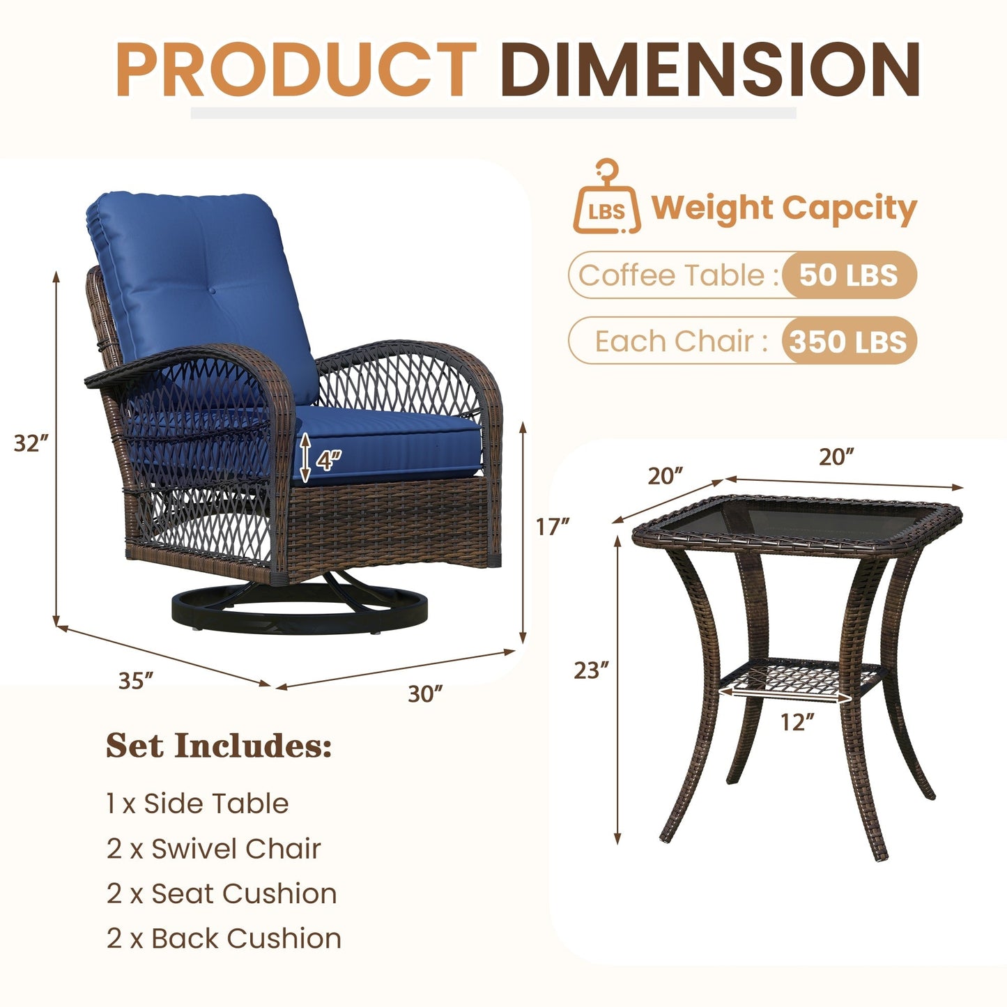 Outdoor Swivel Rocker Bistro Set - 3 Piece Wicker Patio Set with Swivel Rocking Chairs, Cushions, and Tempered Glass Side Table