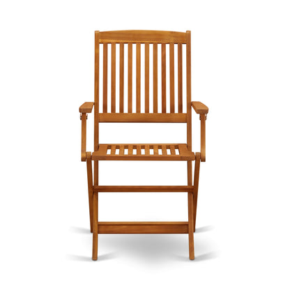 East West Furniture 3 Piece Wood Folding Table Set- a Outdoor Acacia Wood Coffee Table and 2 Folding Arm Chairs, Natural Oil