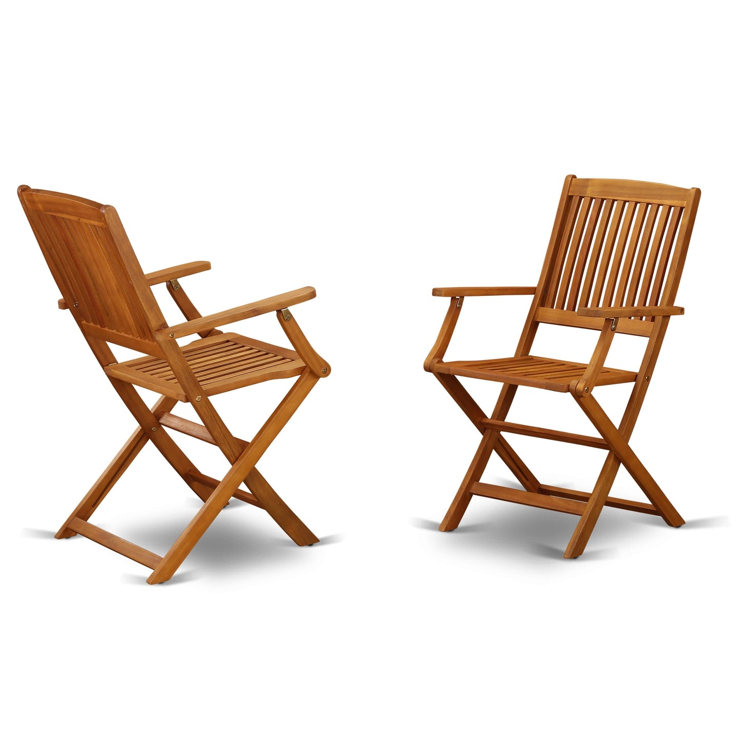 East West Furniture 3 Piece Wood Folding Table Set- a Outdoor Acacia Wood Coffee Table and 2 Folding Arm Chairs, Natural Oil
