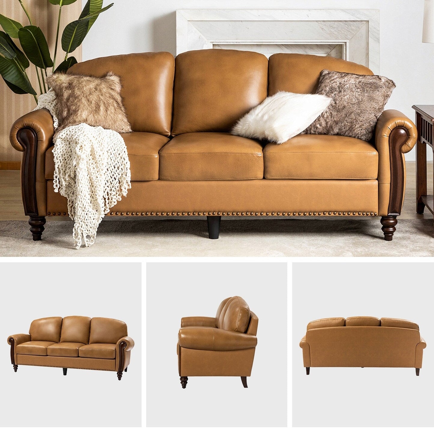 Eduard 84 Traditional Genuine Leather Sofa with Carved Wood Legs by HULALA HOME