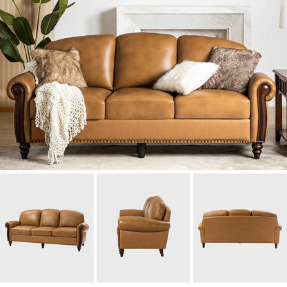Eduard 84 Traditional Genuine Leather Sofa with Carved Wood Legs by HULALA HOME