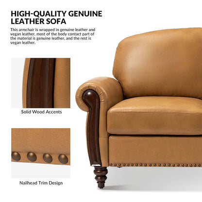 Eduard 84 Traditional Genuine Leather Sofa with Carved Wood Legs by HULALA HOME