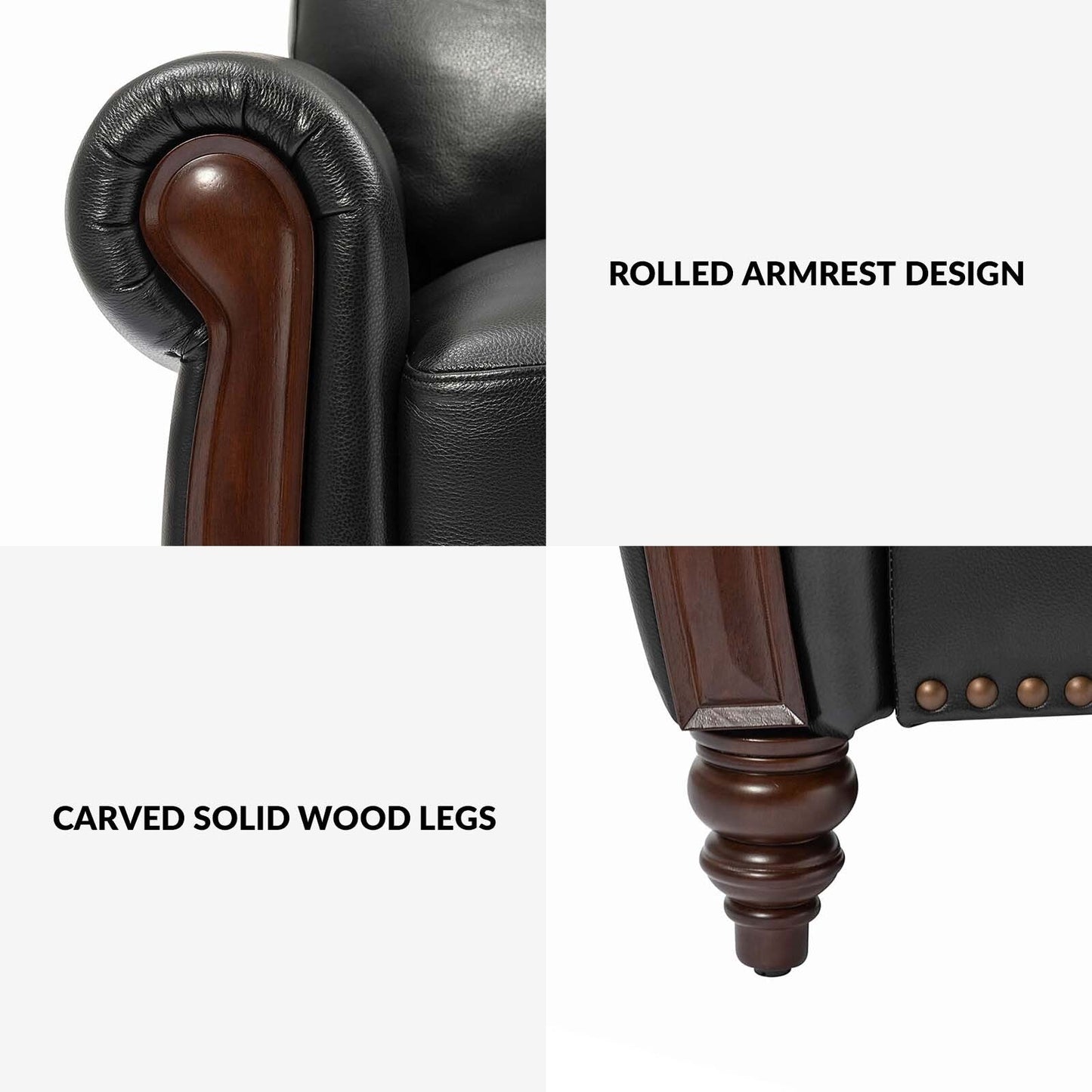Eduard 84 Traditional Genuine Leather Sofa with Carved Wood Legs by HULALA HOME