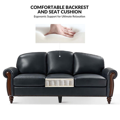 Eduard 84 Traditional Genuine Leather Sofa with Carved Wood Legs by HULALA HOME