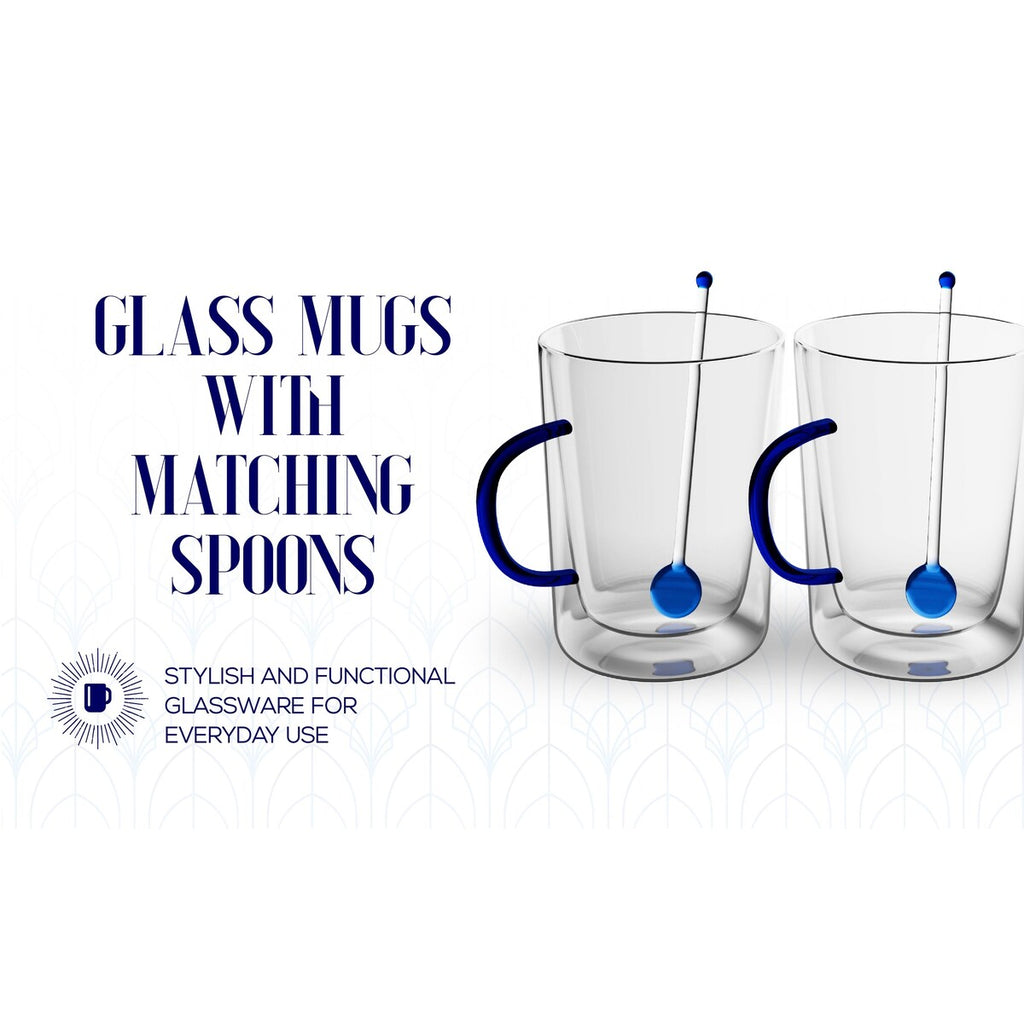 Elle Decor Double Wall Glass Coffee Mugs with Spoons Set of 2