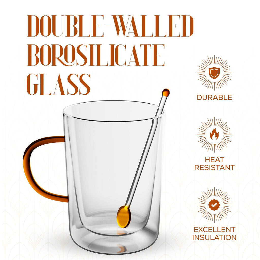 Elle Decor Double Wall Glass Coffee Mugs with Spoons Set of 2