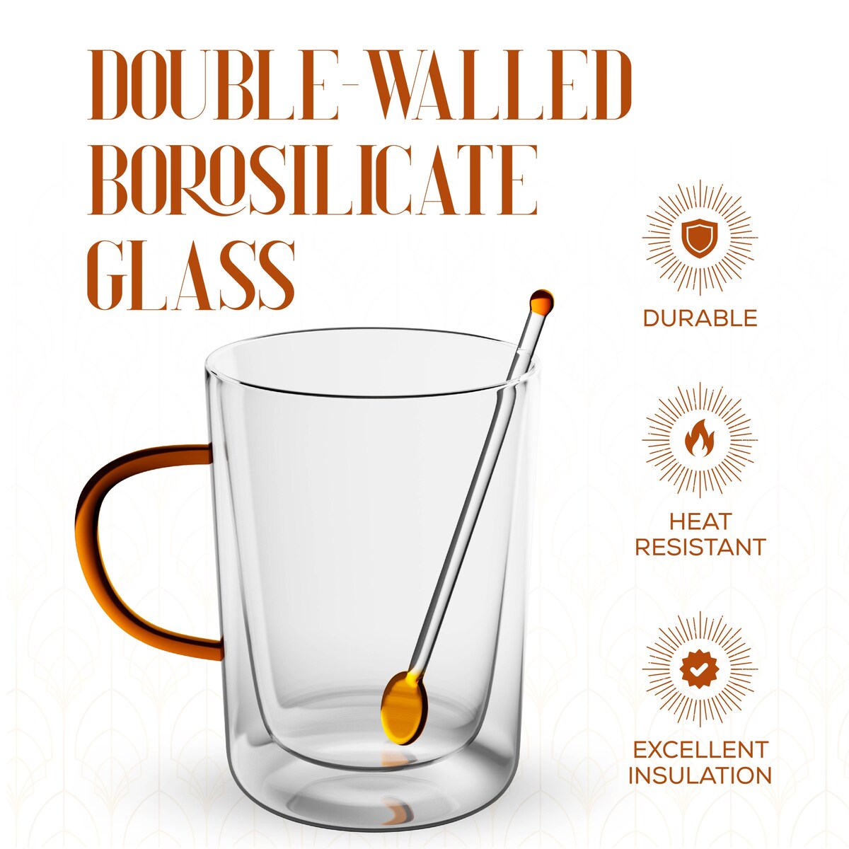 Elle Decor Double Wall Glass Coffee Mugs with Spoons Set of 2
