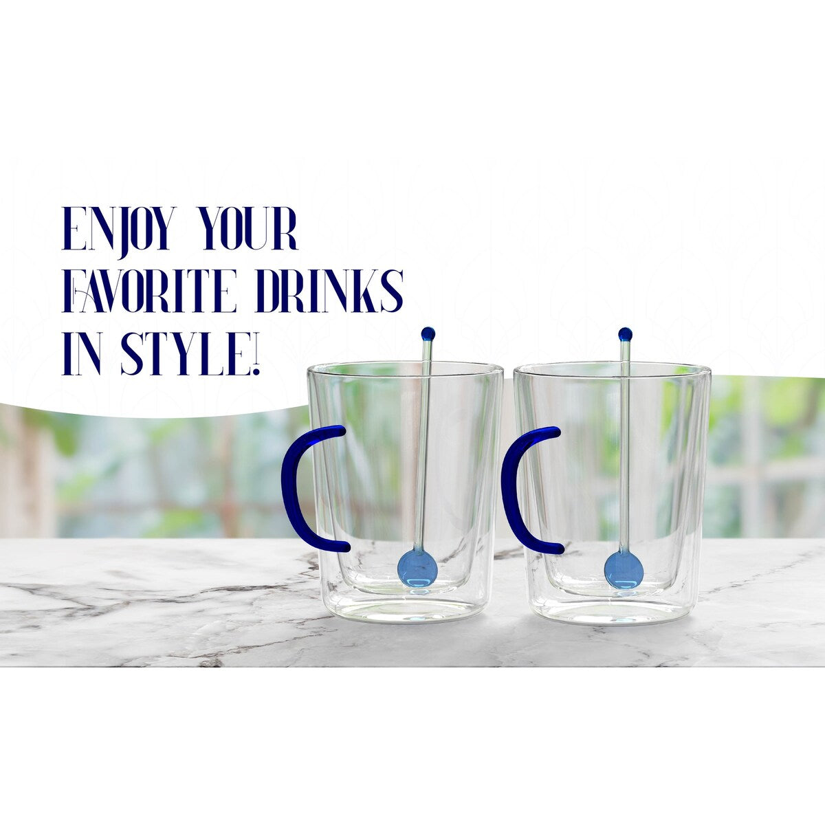 Elle Decor Double Wall Glass Coffee Mugs with Spoons Set of 2