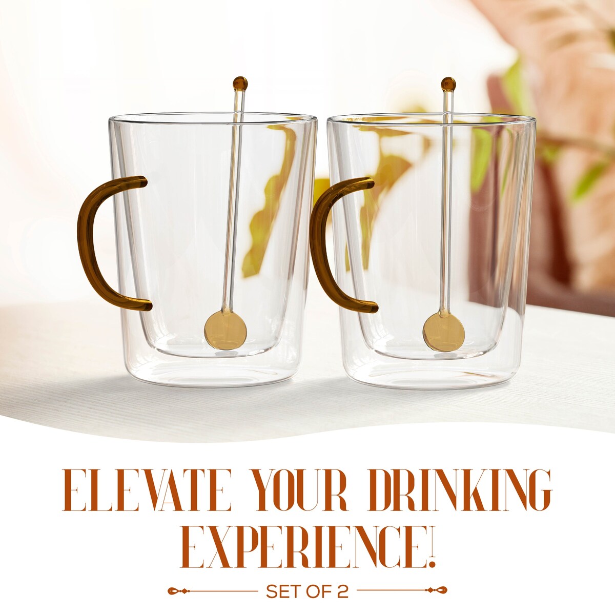Elle Decor Double Wall Glass Coffee Mugs with Spoons Set of 2