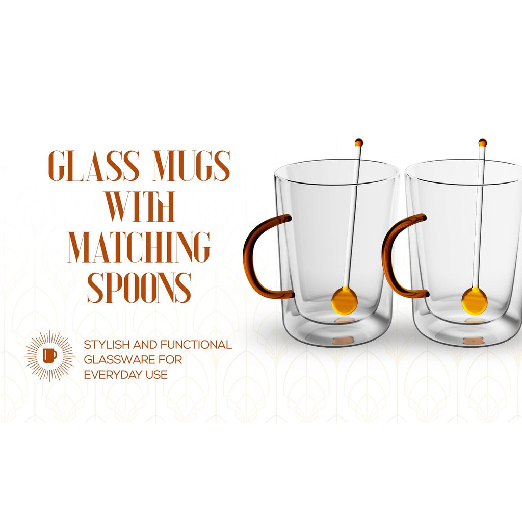 Elle Decor Double Wall Glass Coffee Mugs with Spoons Set of 2