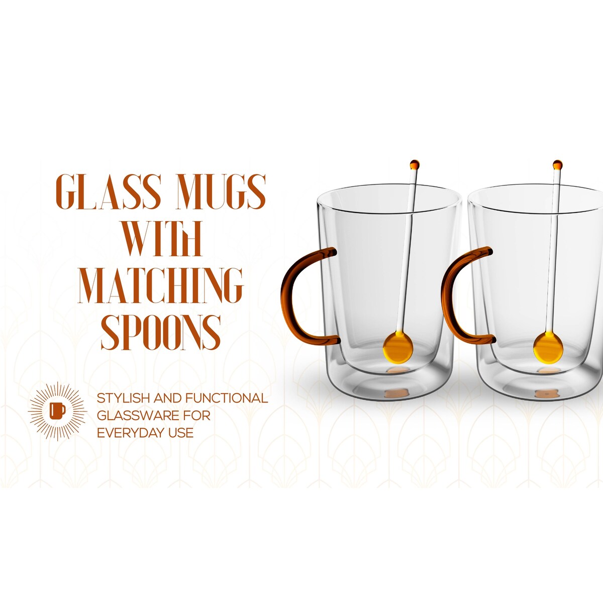 Elle Decor Double Wall Glass Coffee Mugs with Spoons Set of 2