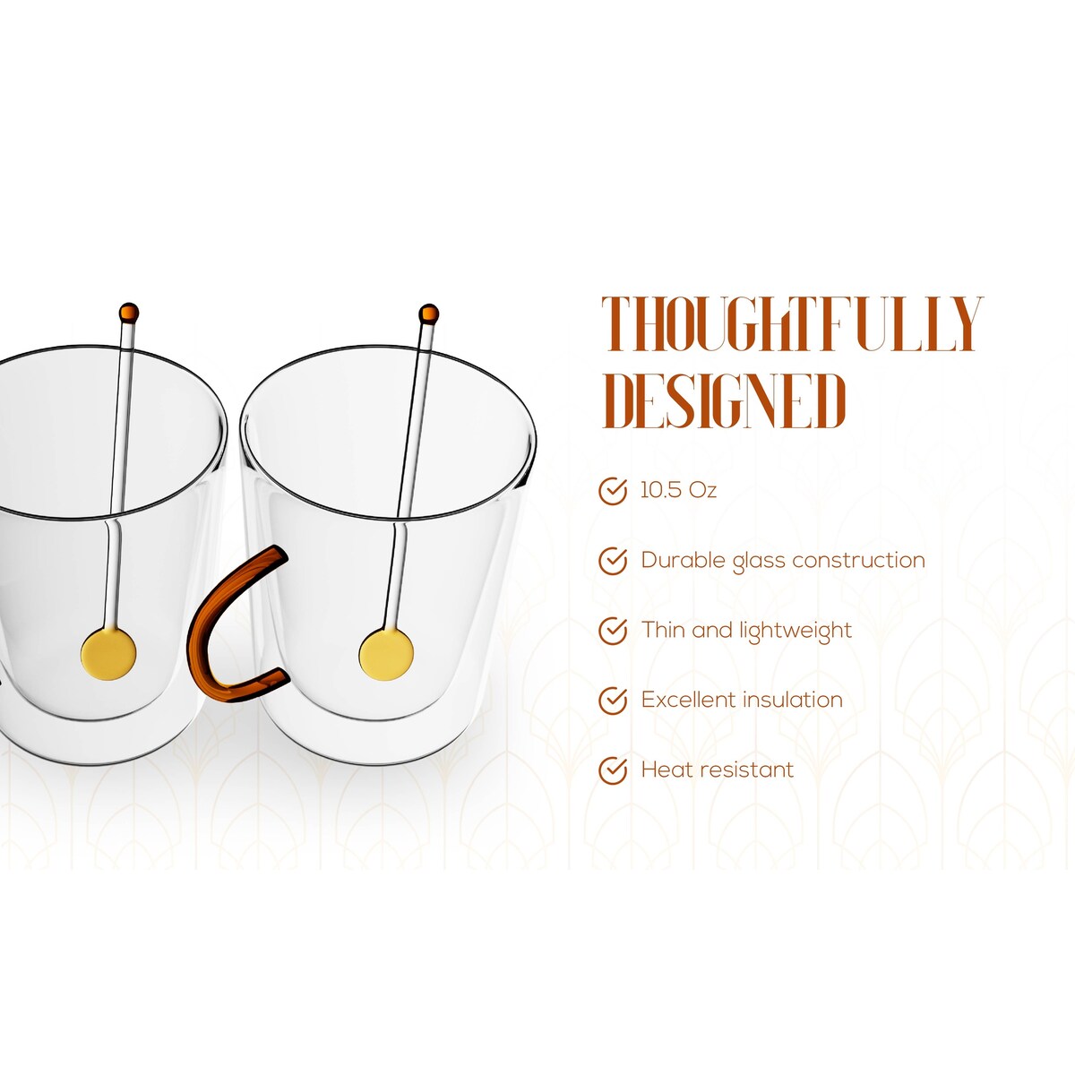 Elle Decor Double Wall Glass Coffee Mugs with Spoons Set of 2