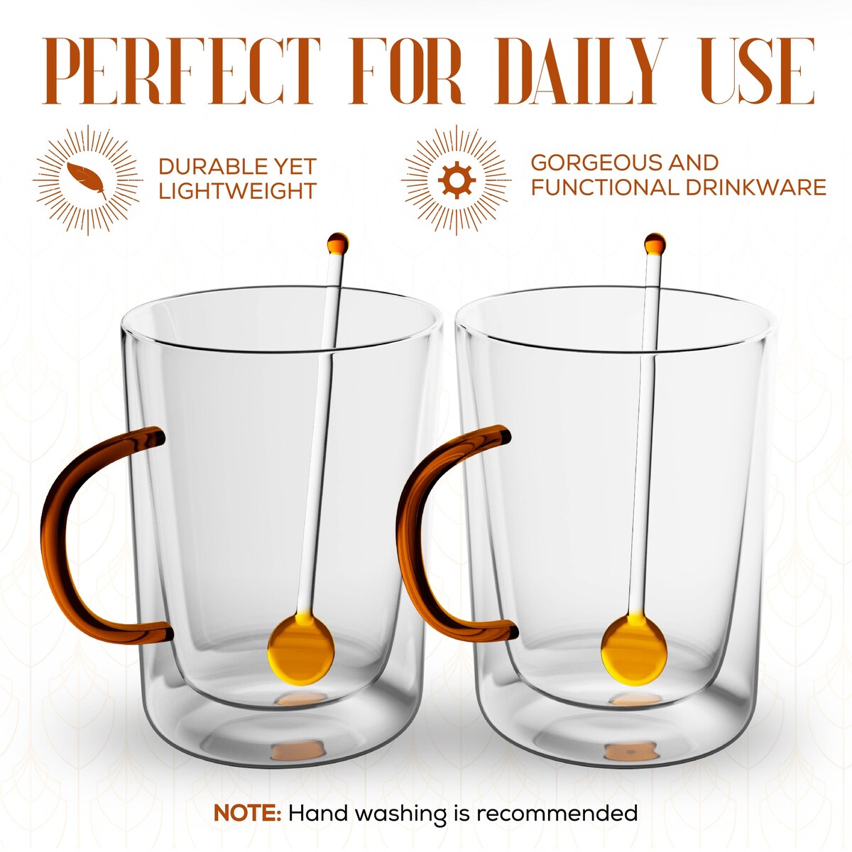 Elle Decor Double Wall Glass Coffee Mugs with Spoons Set of 2