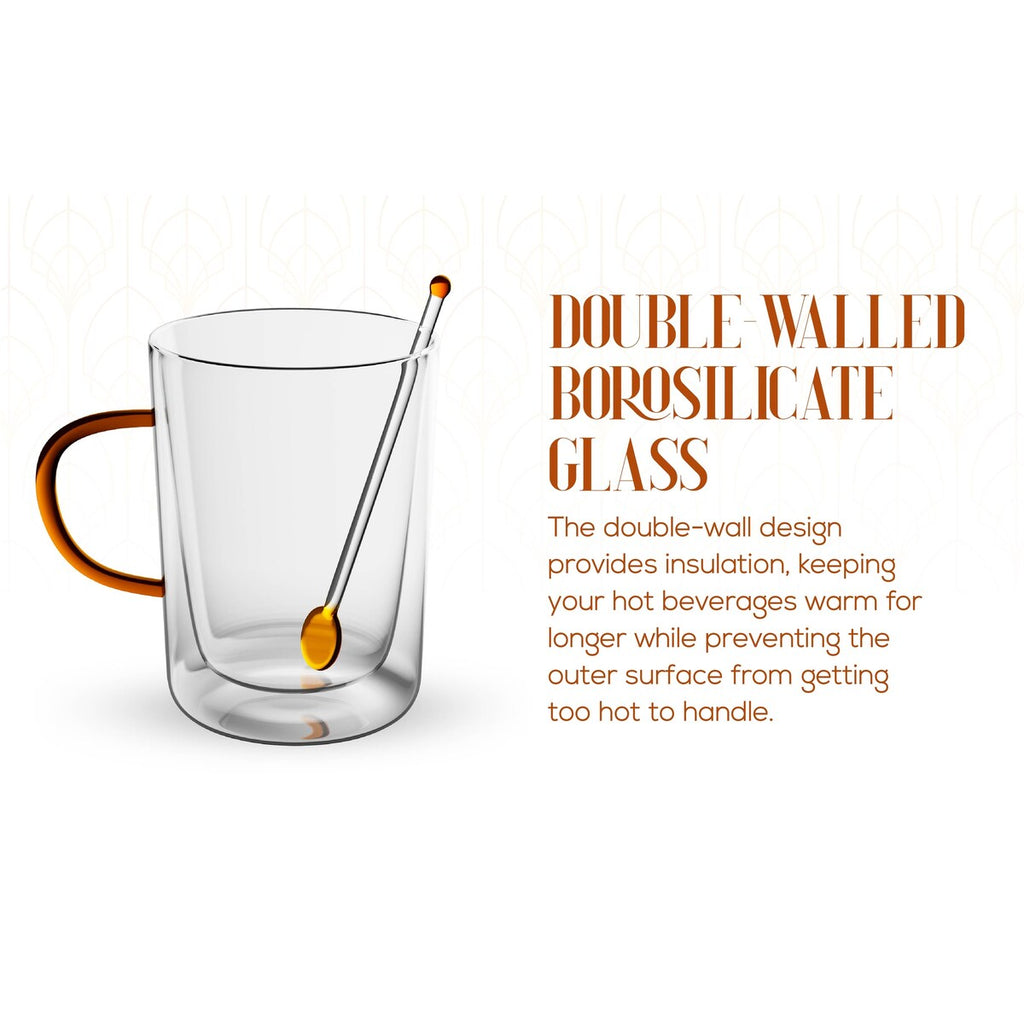Elle Decor Double Wall Glass Coffee Mugs with Spoons Set of 2