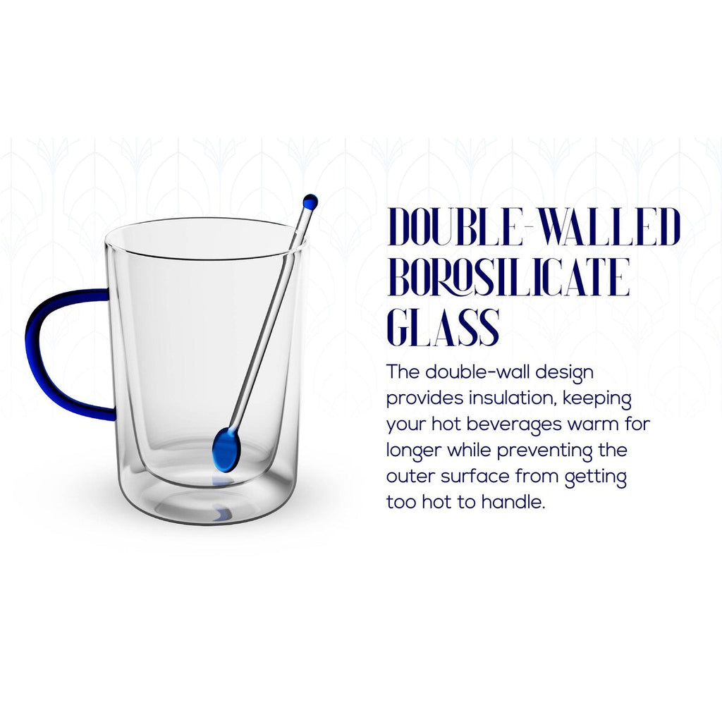 Elle Decor Double Wall Glass Coffee Mugs with Spoons Set of 2