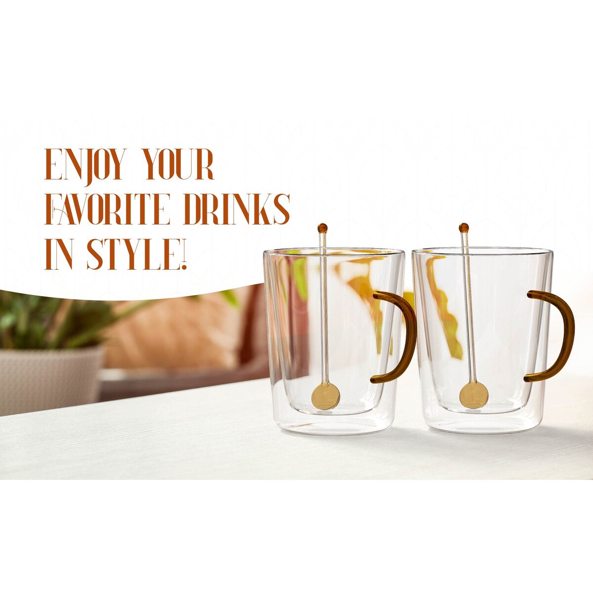 Elle Decor Double Wall Glass Coffee Mugs with Spoons Set of 2