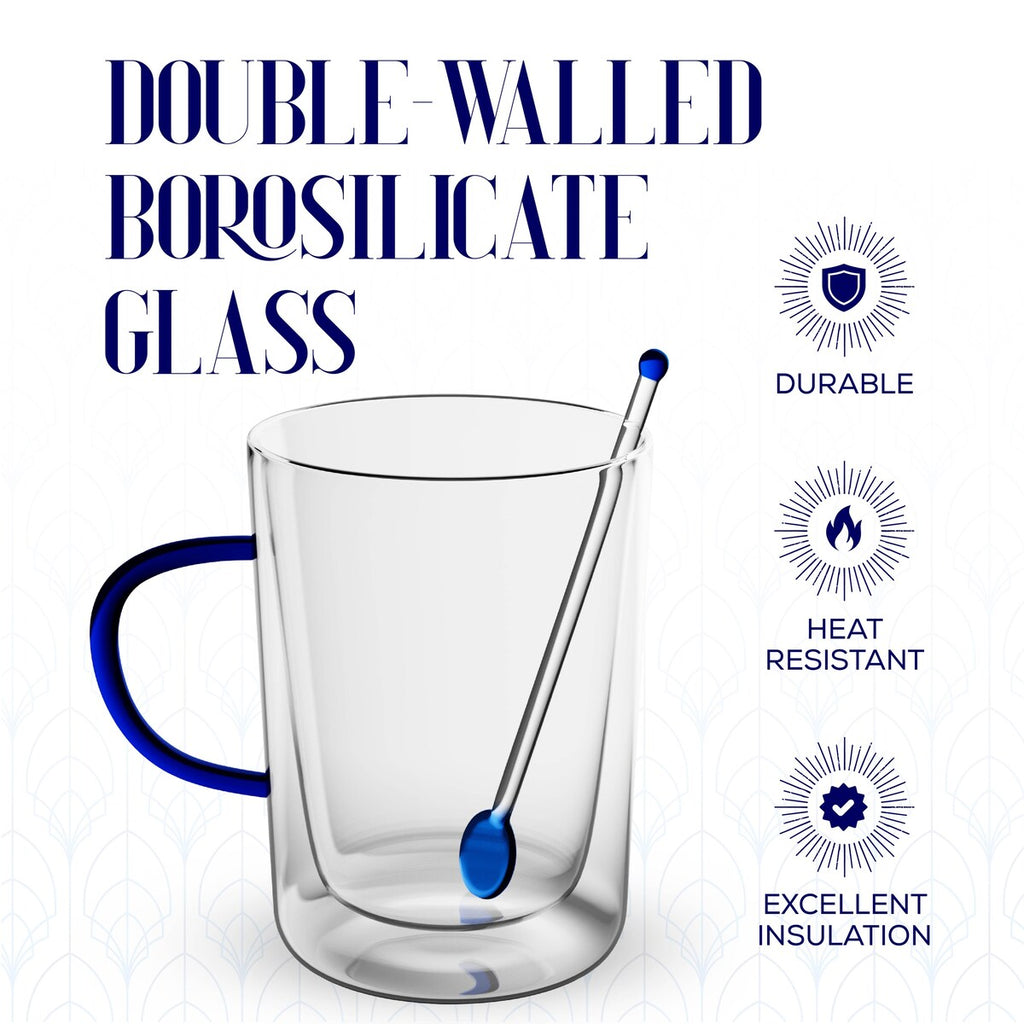 Elle Decor Double Wall Glass Coffee Mugs with Spoons Set of 2