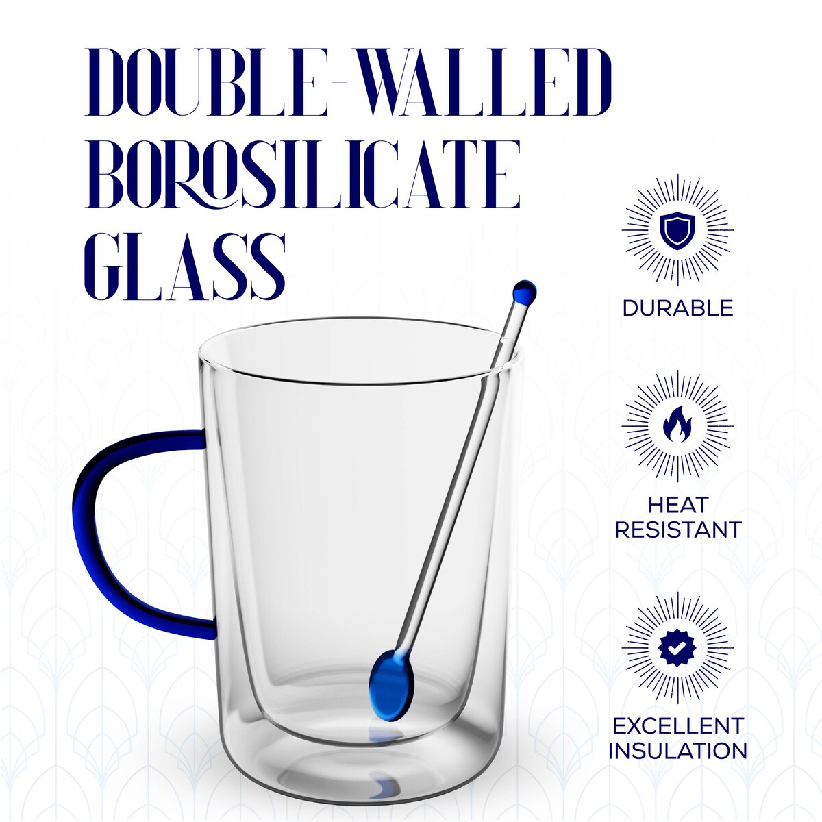 Elle Decor Double Wall Glass Coffee Mugs with Spoons Set of 2