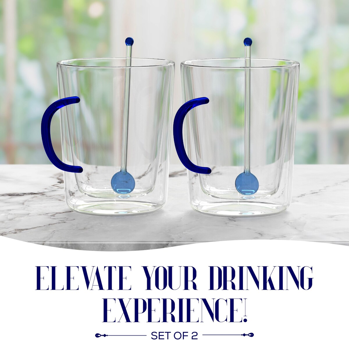 Elle Decor Double Wall Glass Coffee Mugs with Spoons Set of 2