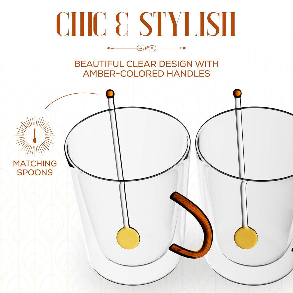 Elle Decor Double Wall Glass Coffee Mugs with Spoons Set of 2