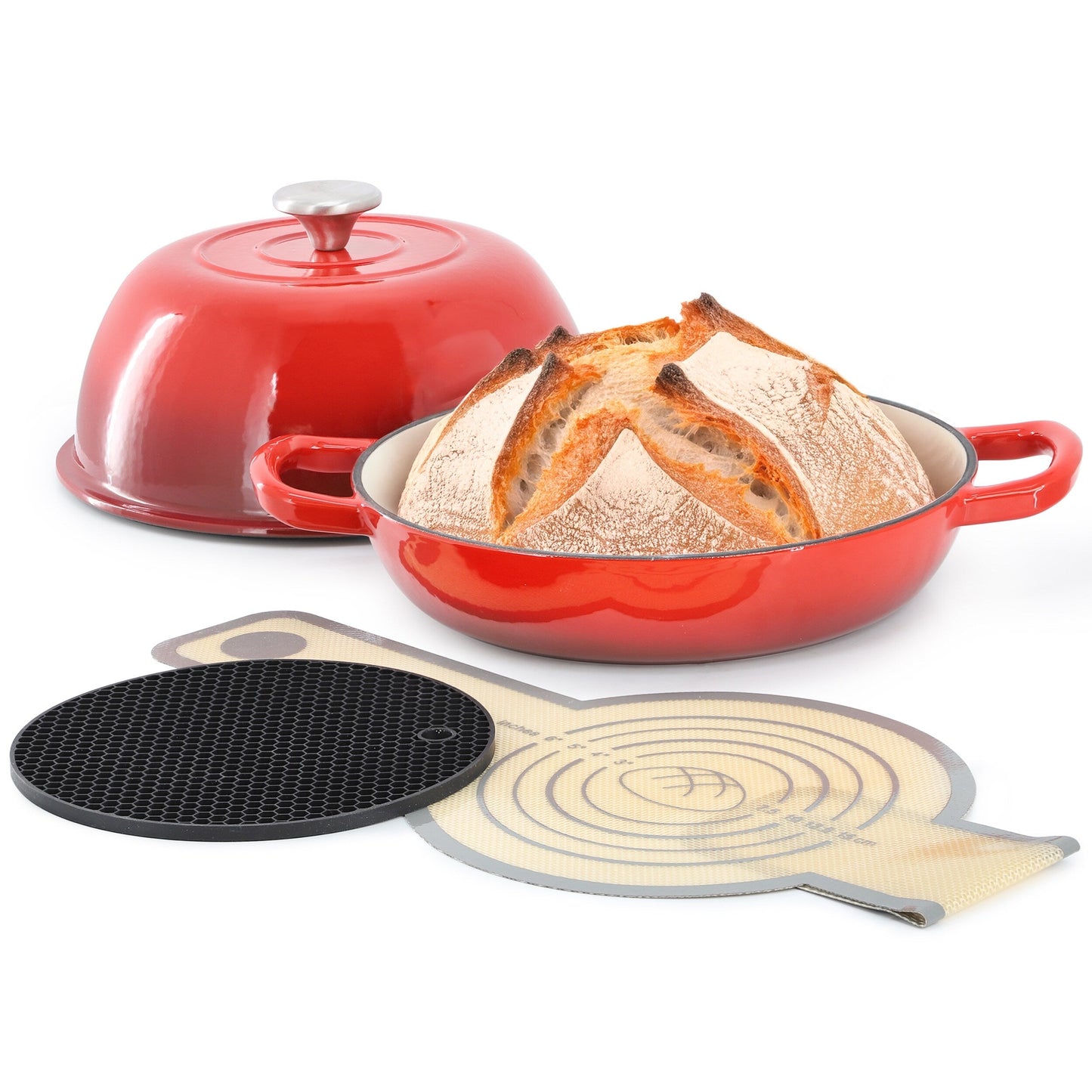 Enameled Cast Iron 6 Quart Bread Pan Includes Baking Mat in Red