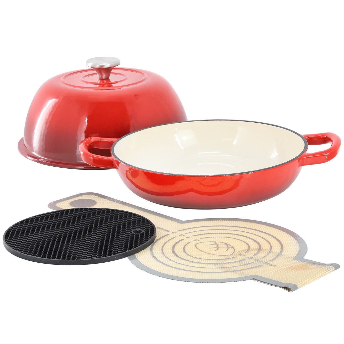 Enameled Cast Iron 6 Quart Bread Pan Includes Baking Mat in Red