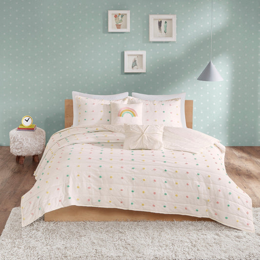 Intelligent Design Kids Ensley Pom Pom Cotton Jacquard Quilt Set with Throw Pillows