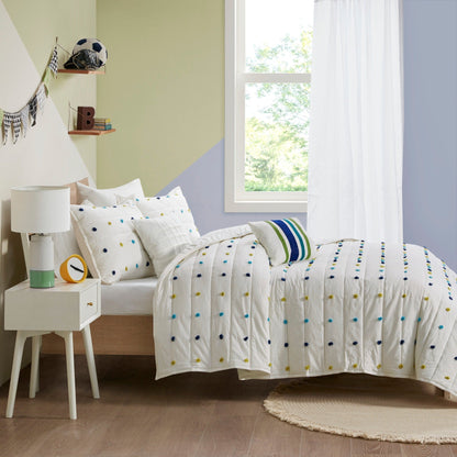 Intelligent Design Kids Ensley Pom Pom Cotton Jacquard Quilt Set with Throw Pillows