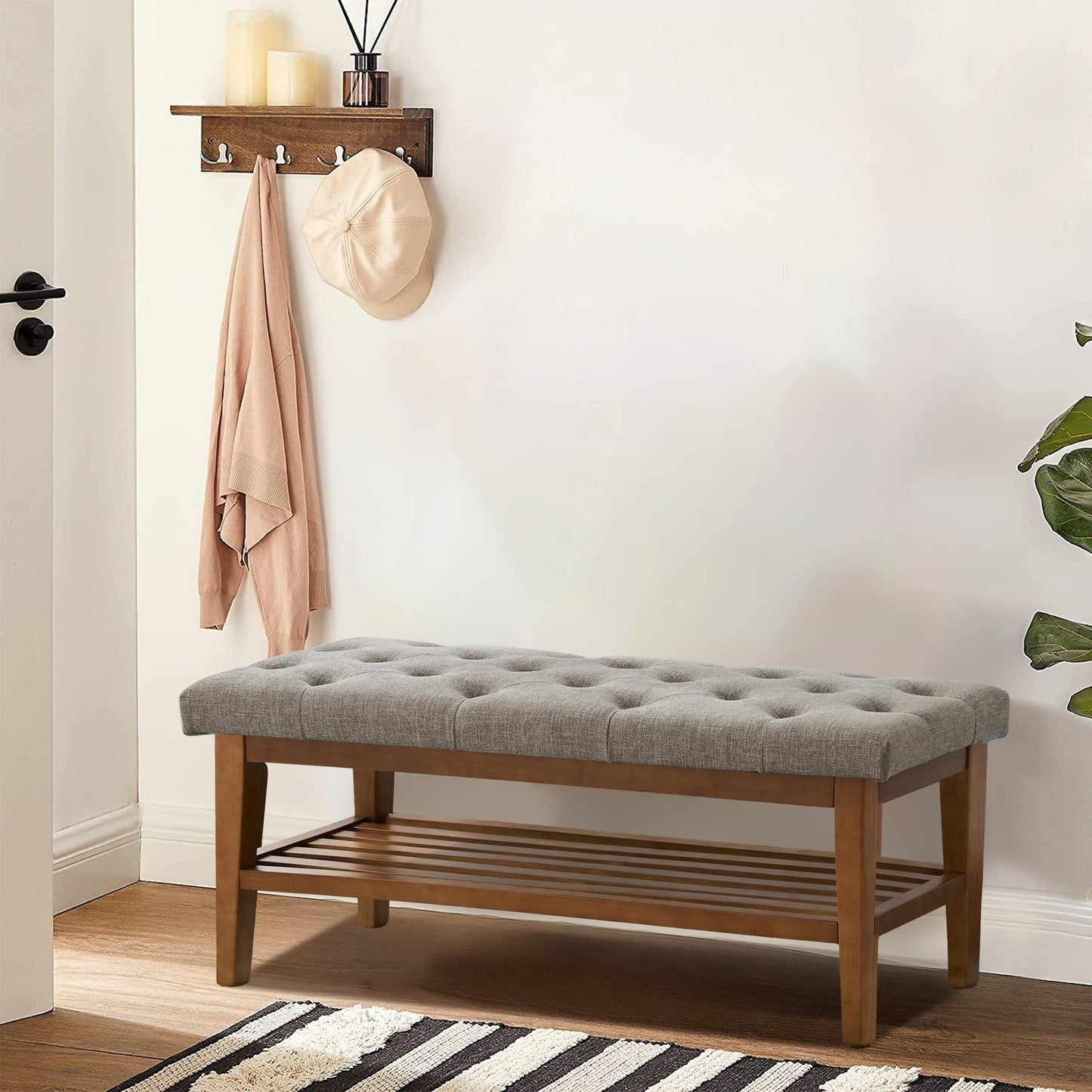 Entryway Shoe Bench Storage Bench Fabric Solid Wood, 43-inch Upholstered Bench for Living Room, Bedrooms