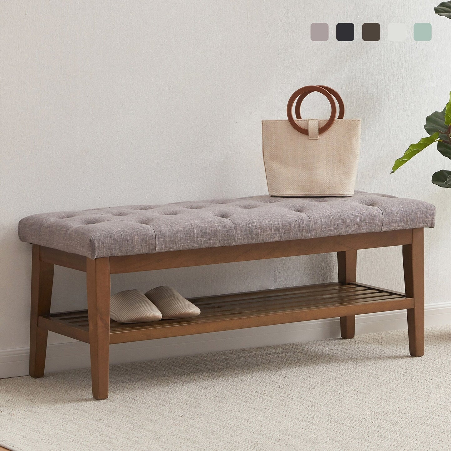 Entryway Shoe Bench Storage Bench Fabric Solid Wood, 43-inch Upholstered Bench for Living Room, Bedrooms