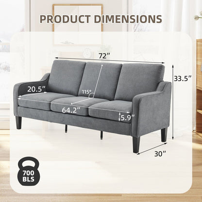 Erommy 3 Seat Sofa, 72 Sofa Couch for Living Room, Modern Fabric Couch with 4 Wood Legs, 2 Metal Support Rods for Bedroom