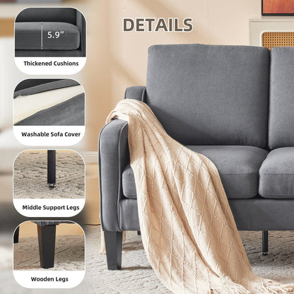 Erommy 3 Seat Sofa, 72 Sofa Couch for Living Room, Modern Fabric Couch with 4 Wood Legs, 2 Metal Support Rods for Bedroom