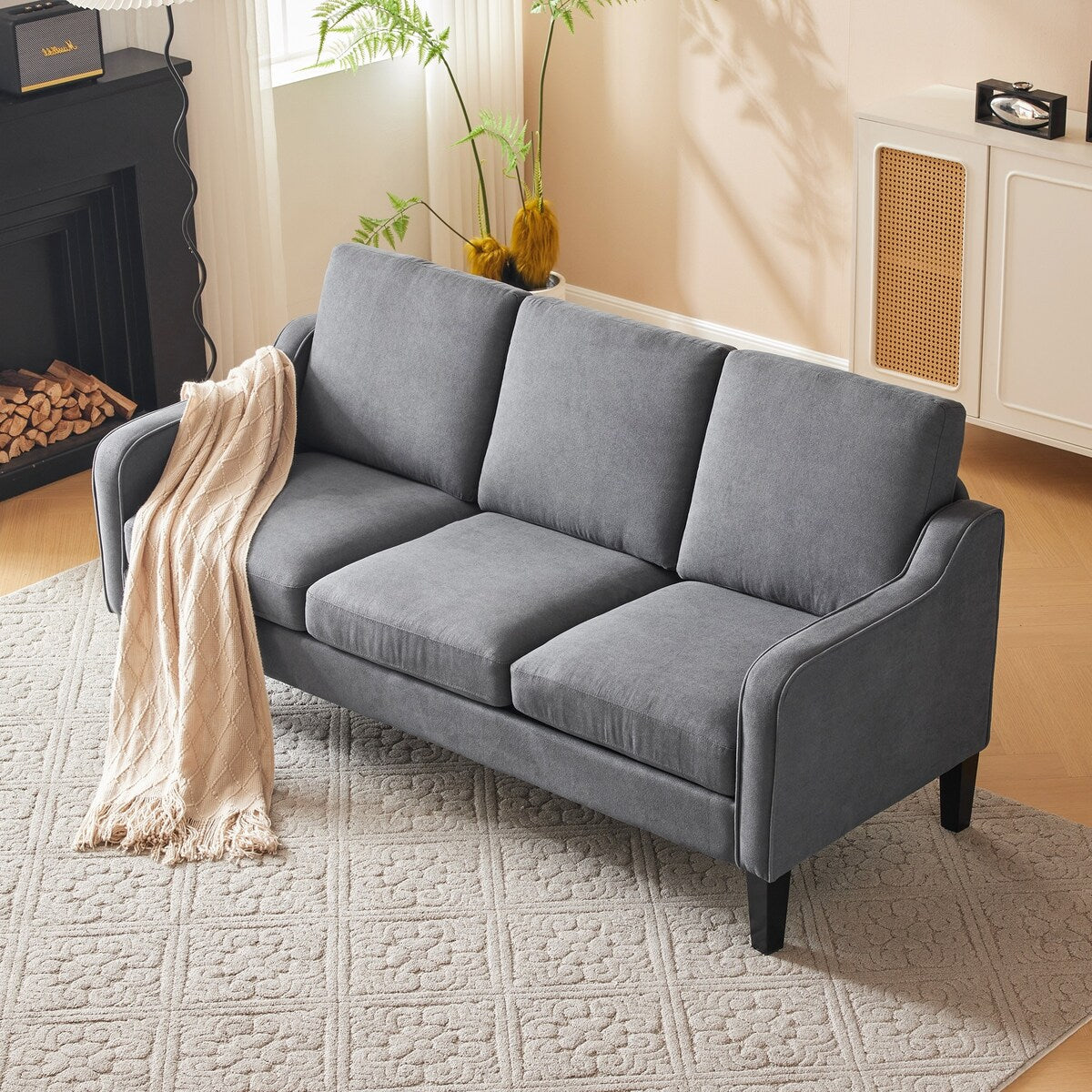 Erommy 3 Seat Sofa, 72 Sofa Couch for Living Room, Modern Fabric Couch with 4 Wood Legs, 2 Metal Support Rods for Bedroom